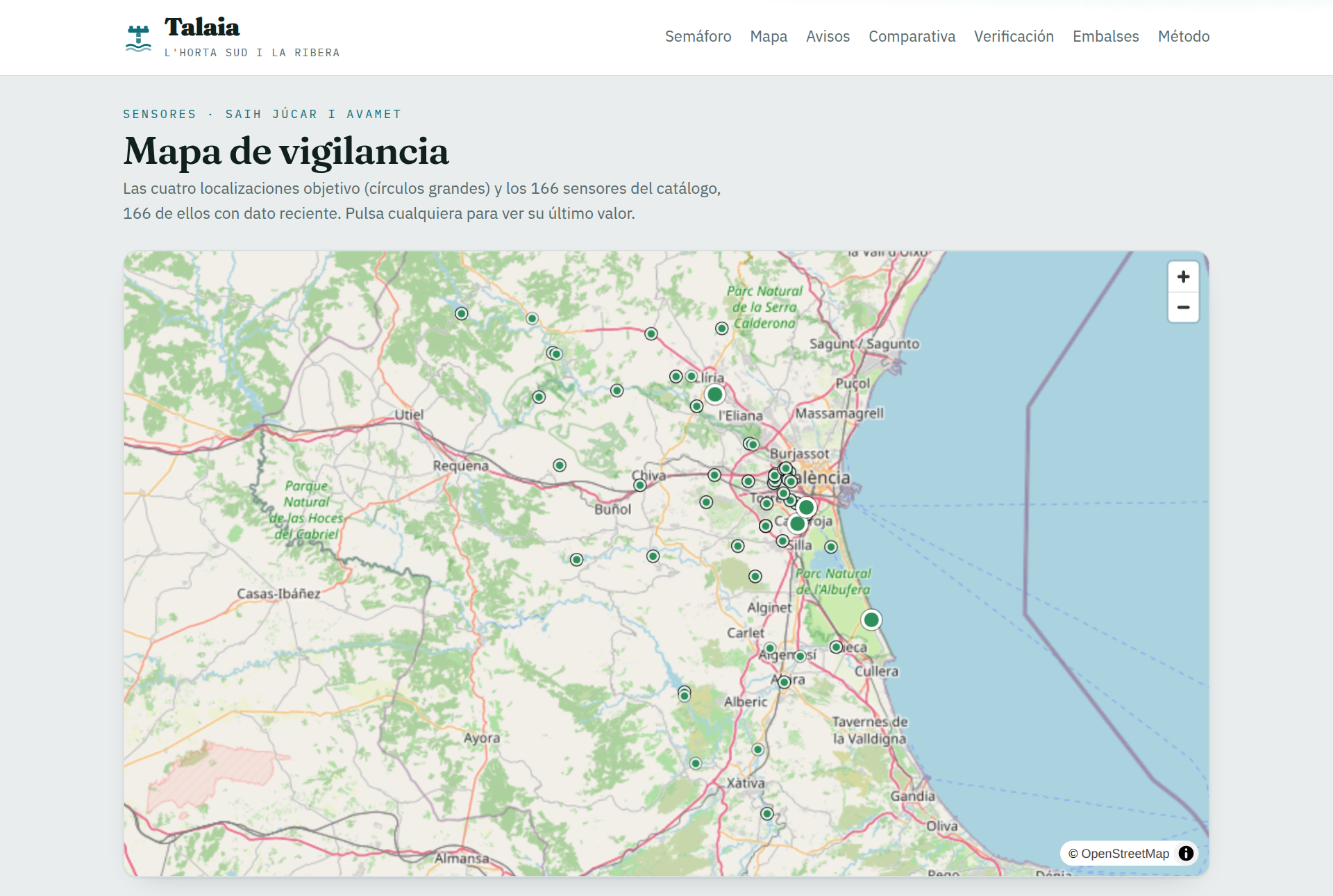 El mapa de vigilancia: las cuatro localizaciones objetivo y los 166 sensores del catálogo